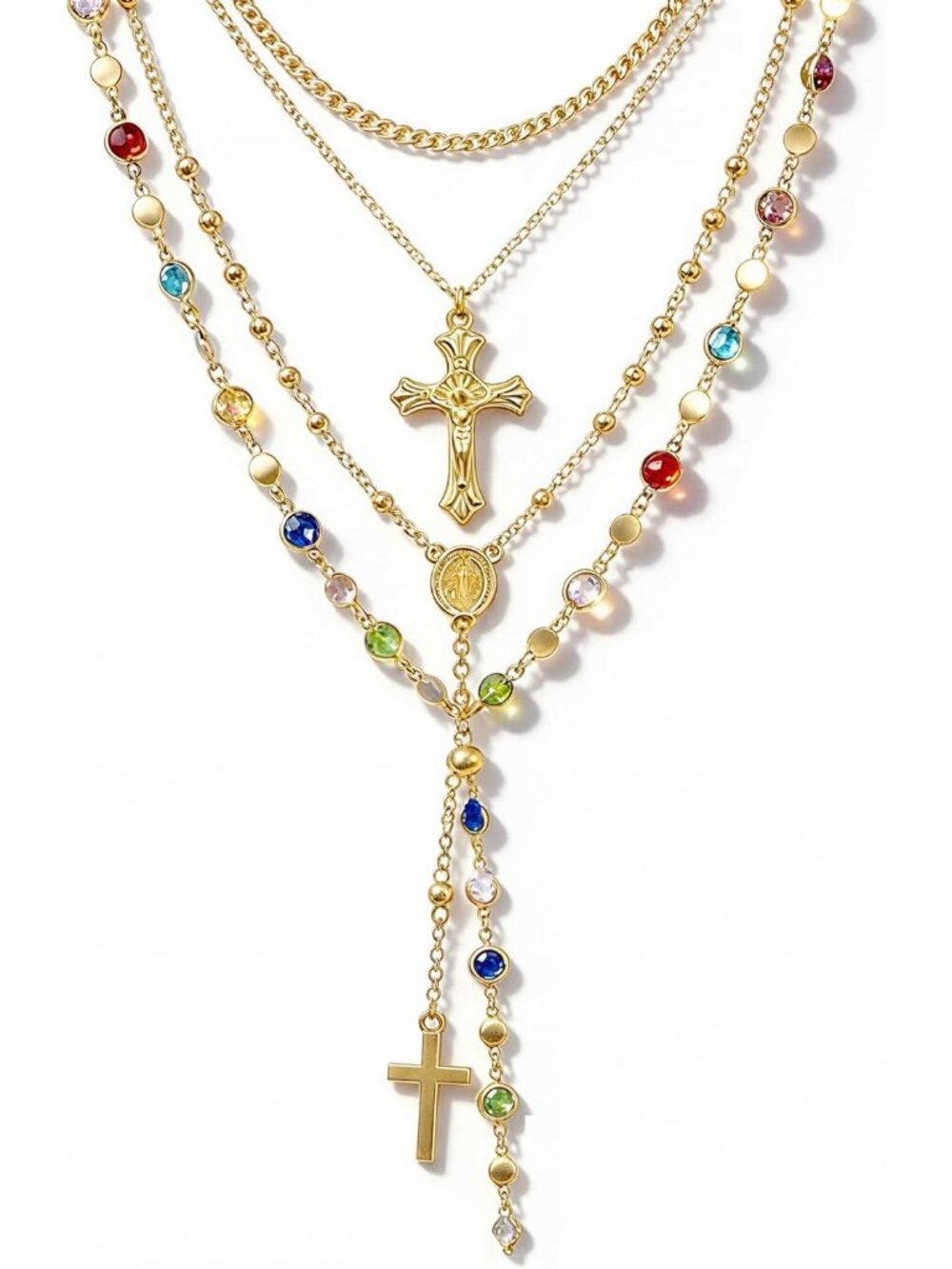 4PCS Layered Gold Cross Necklaces for Women Trendy, Bohemian Bead Pearl Y Long P